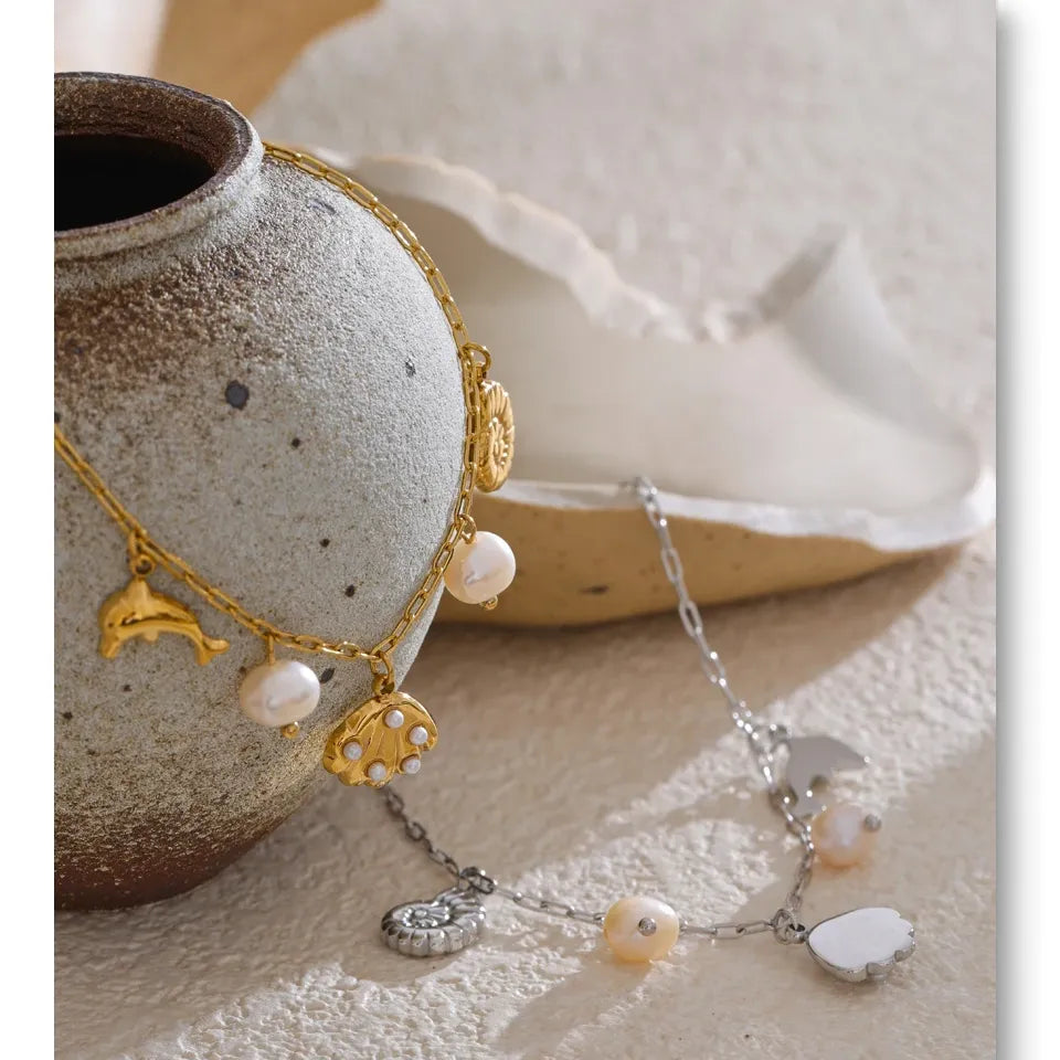 Ocean Charm Pearl Anklet – Shell Dolphin & Conch Design