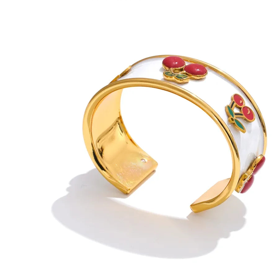 18K Gold Plated 64mm Stainless Steel White Enamel Cherry Cuff Bracelet - Jewelry Gift Ideas