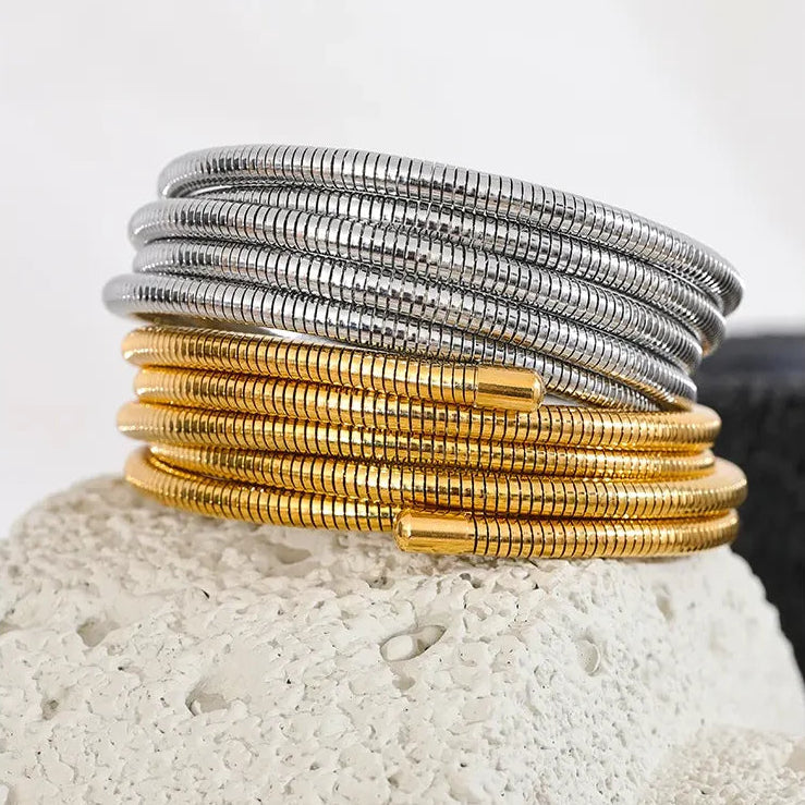 Stainless Steel Stackable Multi-Layer Arm Bracelet Bangle Metal Elastic Waterproof Unisex Jewelry