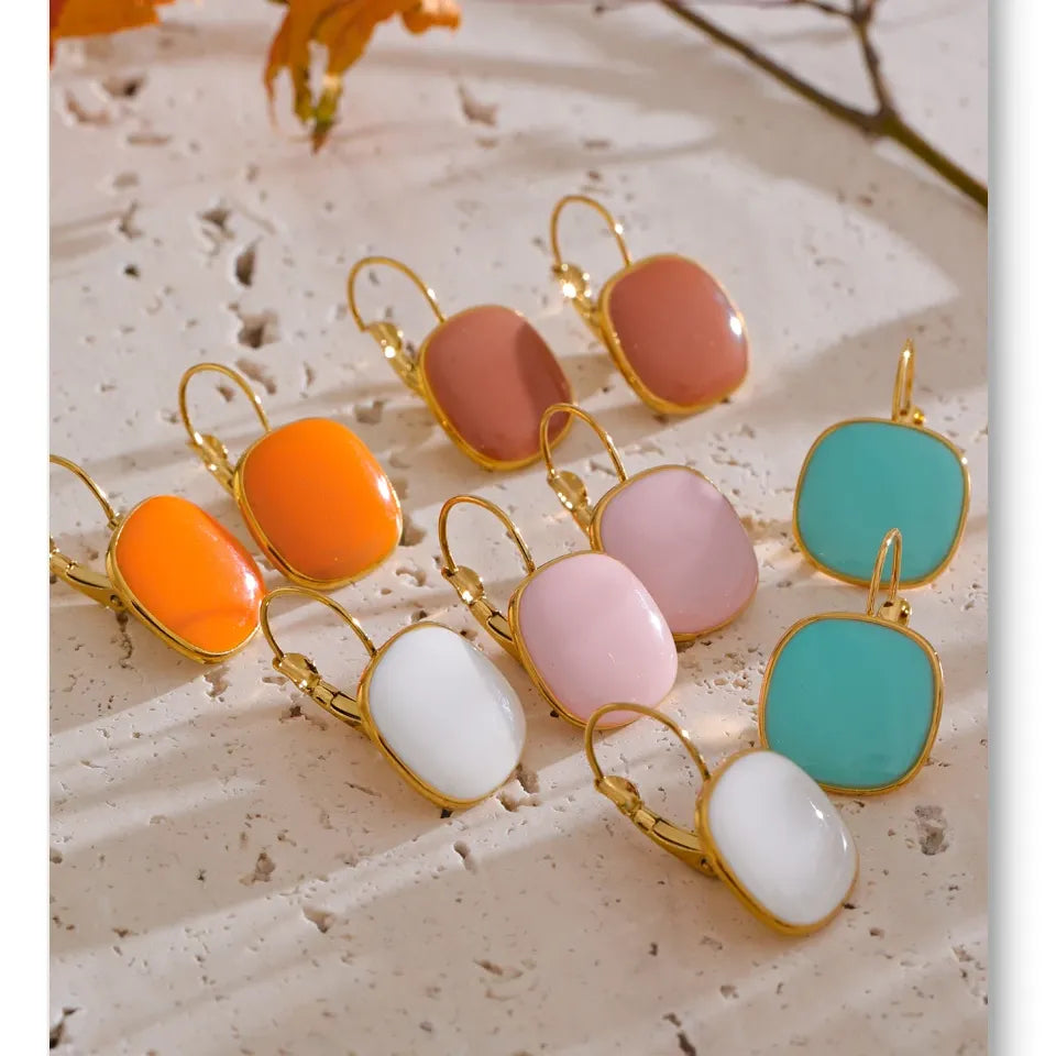 Joyful Candy Multicolored Enamel Square Hoop Earrings 18K Golden Plated Waterproof Stainless Steel Spring Summer Jewelry