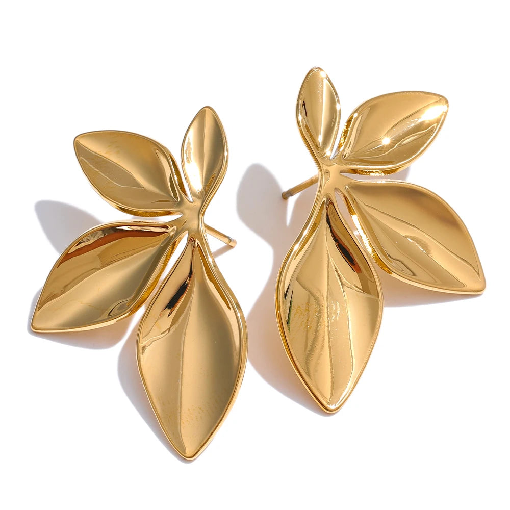 Stainless Steel Flower Leaves Stud Earrings - Hypoallergenic Waterproof Charm Texture High Quality Jewelry