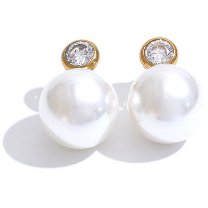 Korean Style Imitation Pearls Zircon Round Classic Daily Stud Earrings Women Stainless Steel - Charm Fashion Jewelry