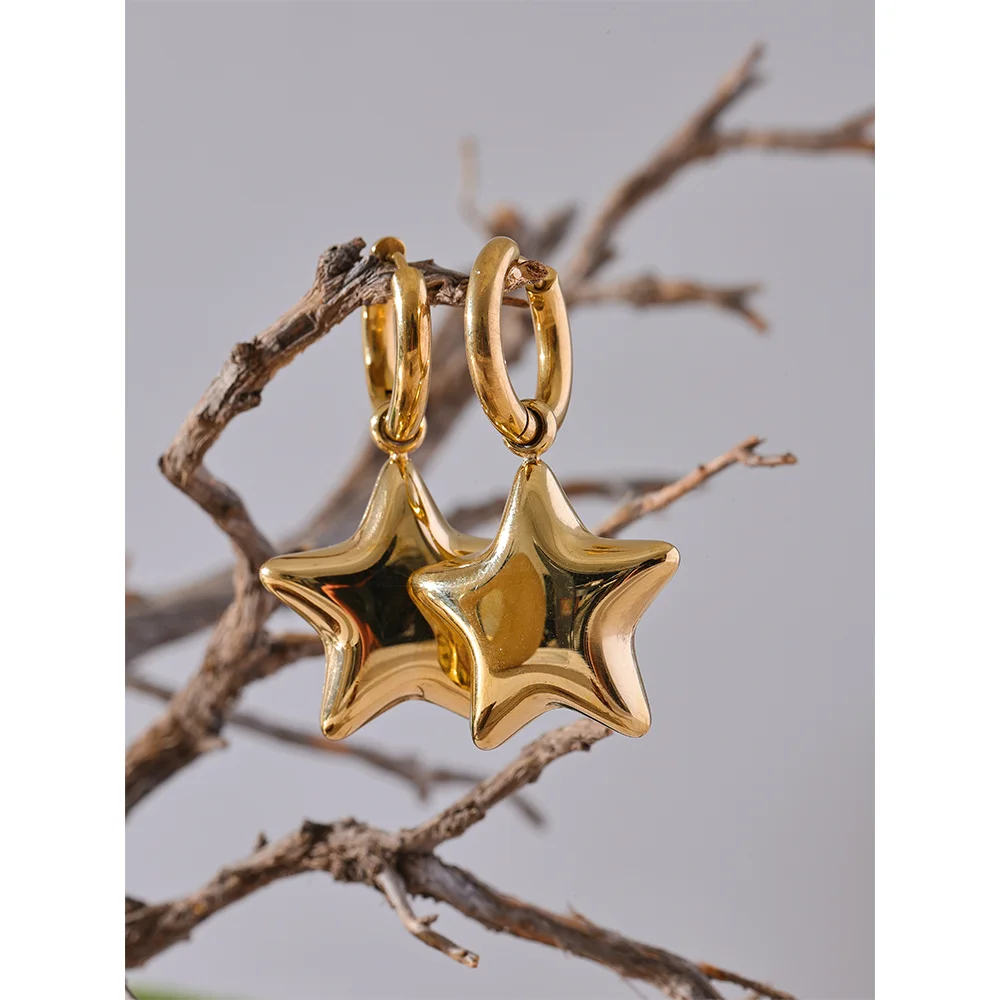 Fashion Stainless Steel Star Thick Drop Hoop Earrings Women - 18K Gold Plated Jewelry