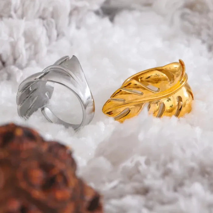 Luxe Jewels Stylish Stainless Steel Metal Leaf Open Ring - 18K Gold Plated Jewelry