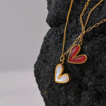 Red Enamel Heart Shell Pendant – Gold Stainless Steel Necklace