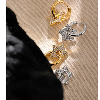 Star Drop Stainless Steel Cubic Zirconia Hoop Earrings for Women 18K PVD Plated Texture Jewelry