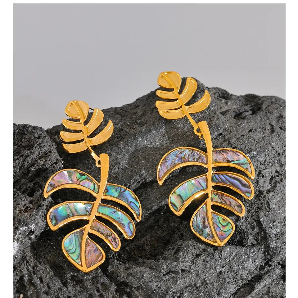 Stainless Steel Big Leaves Drop Dangle Earrings 18k PVD Plated Fashion Summer Jewelry