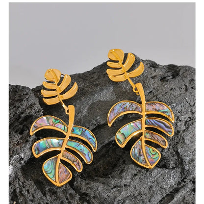 Stainless Steel Big Leaves Drop Dangle Earrings 18k PVD Plated Fashion Summer Jewelry