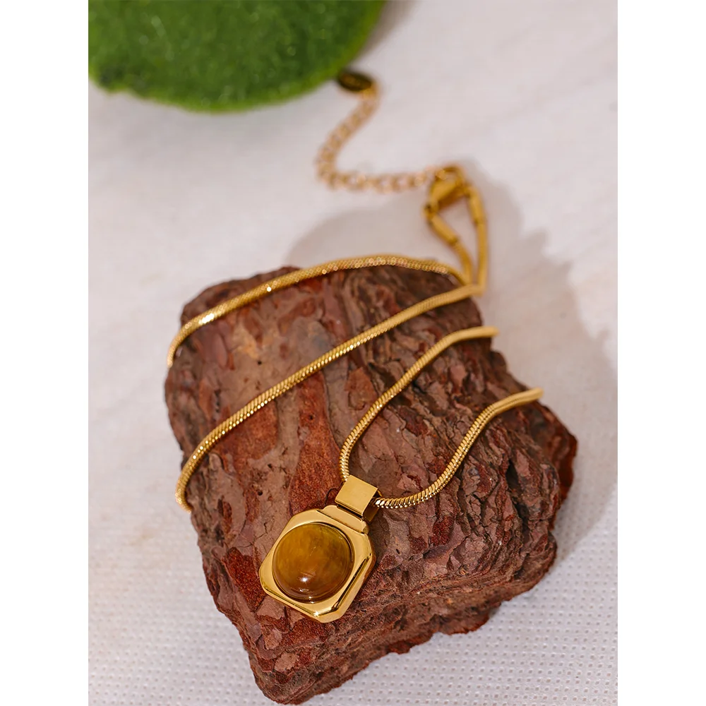 Natural Tiger Eye Gemstone Necklace – Square Pendant in Gold