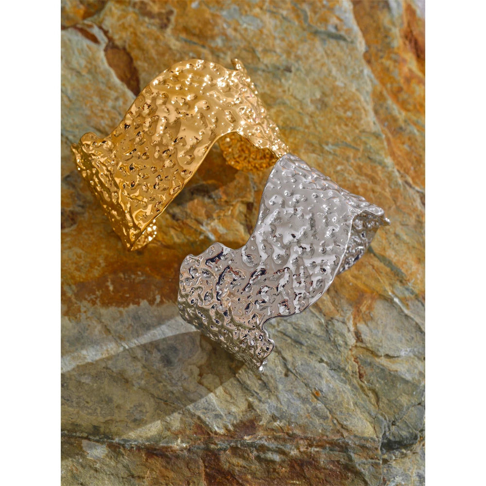 Hammered Wide Open Cuff – 18K Gold Stainless Steel Bracelet