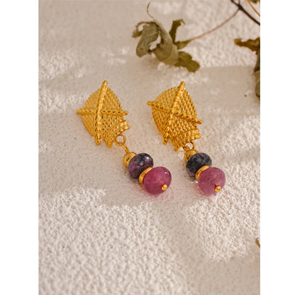 Handmade Waterproof Golden Drop Earrings – Natural Stone Design