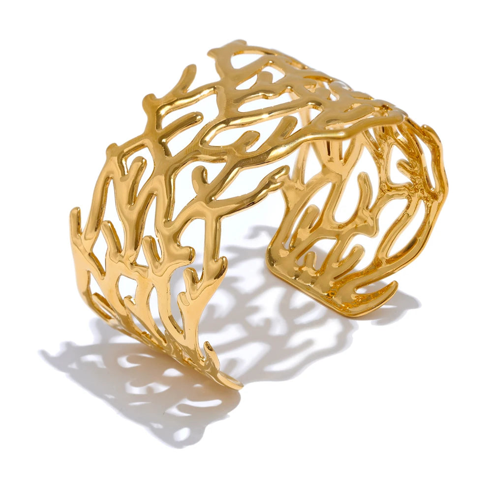 Twig Hollow Wide Cuff – Gold Plated Stainless Steel Statement Bracelet