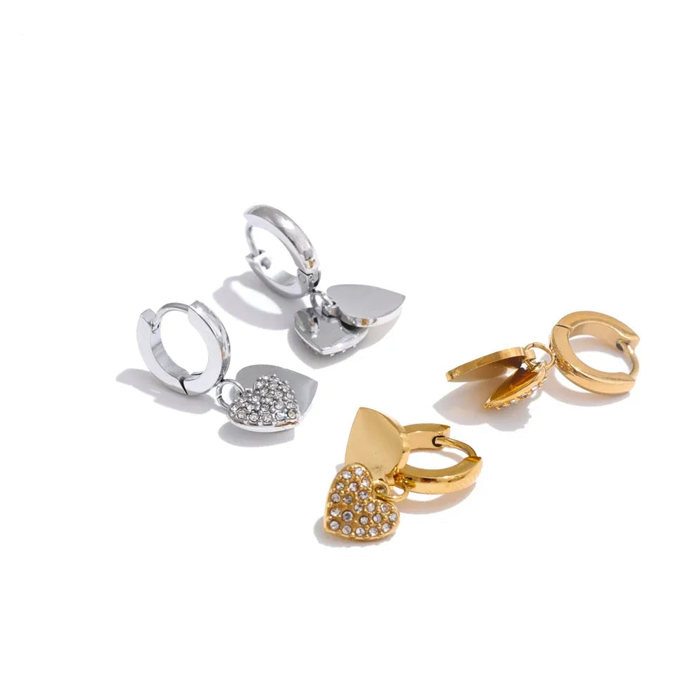 18K Gold Plated Stainless Steel Double Heart Cubic Zircon Drop Hoop Earrings for Women Hypoallergenic High Quality Jewelry