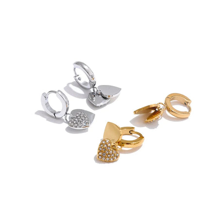 18K Gold Plated Stainless Steel Double Heart Cubic Zircon Drop Hoop Earrings for Women Hypoallergenic High Quality Jewelry