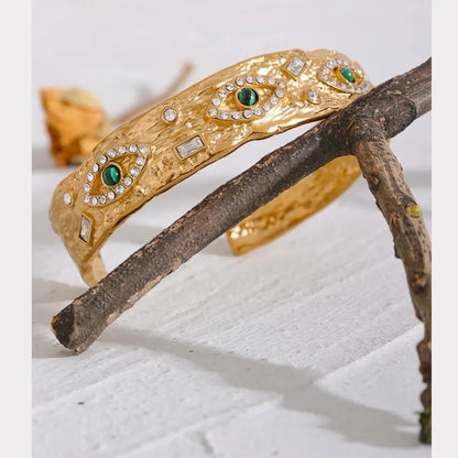 Eye Charm Zircon Cuff – 60mm Gold Plated Stainless Steel Bracelet