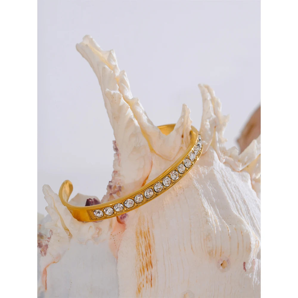 Shiny CZ Open Cuff Bracelet – 18K Gold Plated Stainless Steel