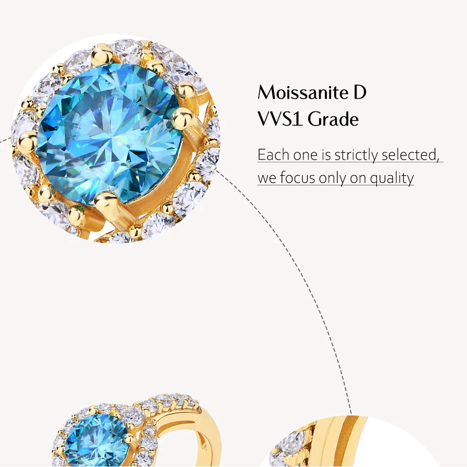 Luxe Jewels 1.0CT Round Cut Blue Moissanite Rings for Women Angel Eye S925 Silver