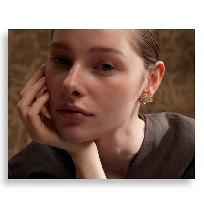 Cubic Zirconia Flower Golden Stud Earrings for Women - 316L Stainless Steel Waterproof Jewellery