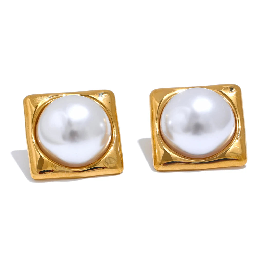 Elegant Square Pearl Stud Earrings – 316L Gold Plated