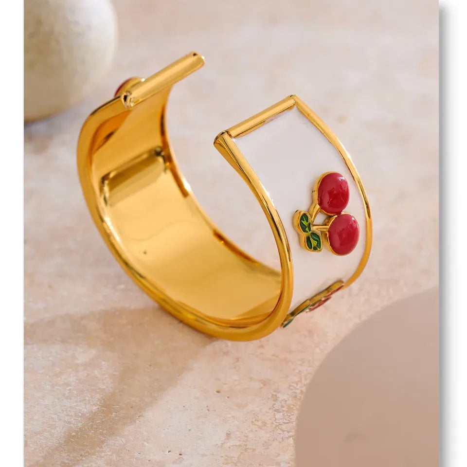 18K Gold Plated 64mm Stainless Steel White Enamel Cherry Cuff Bracelet - Jewelry Gift Ideas