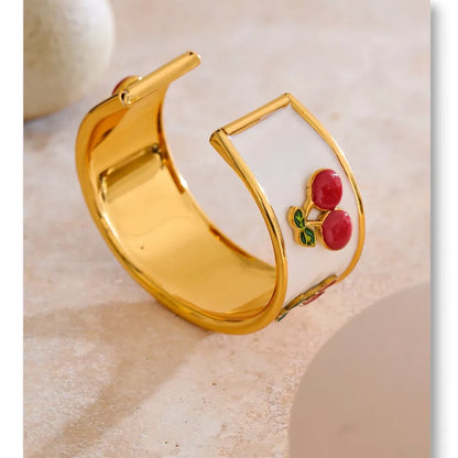 18K Gold Plated 64mm Stainless Steel White Enamel Cherry Cuff Bracelet - Jewelry Gift Ideas