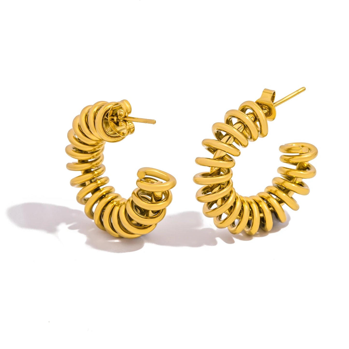 Creative Golden Color Metal Spring Chunky Hoop Earrings for Women - 18K Gold Plated Stainless Steel Jewelry