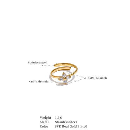 Luxe Jewels Stainless Steel Zirconia Flower Adjustable Ring – PVD Gold Plated Jewelry
