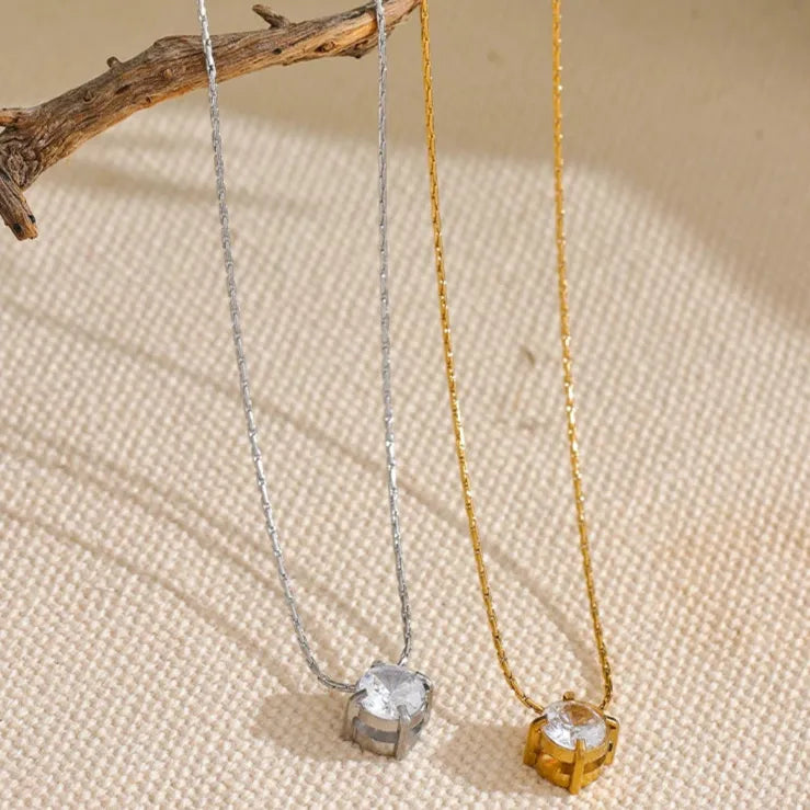Chic Cubic Zirconia Pendant Necklace – Gold Stainless Steel Daily Jewelry