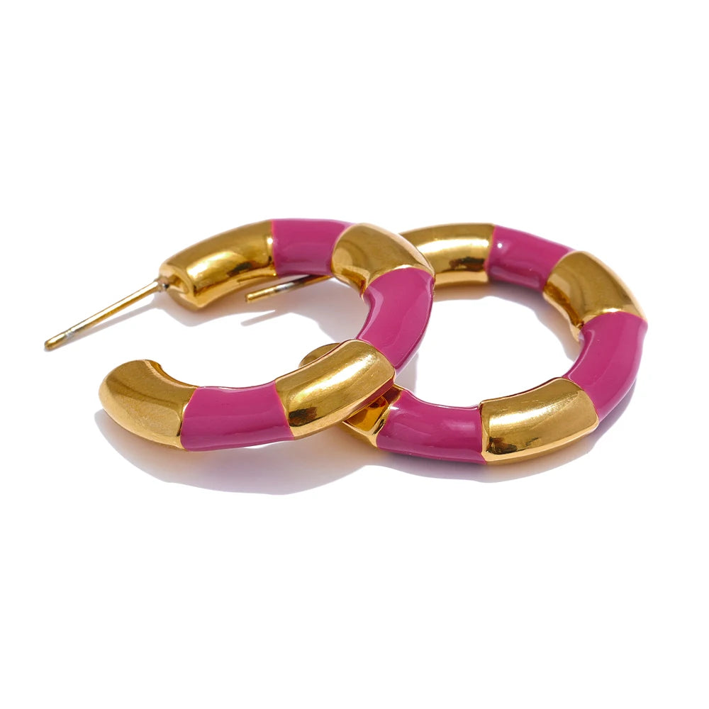 Multi Color Enamel Stainless Steel C-Shape Geometric Unique Earrings Waterproof Classic Stylish Jewelry