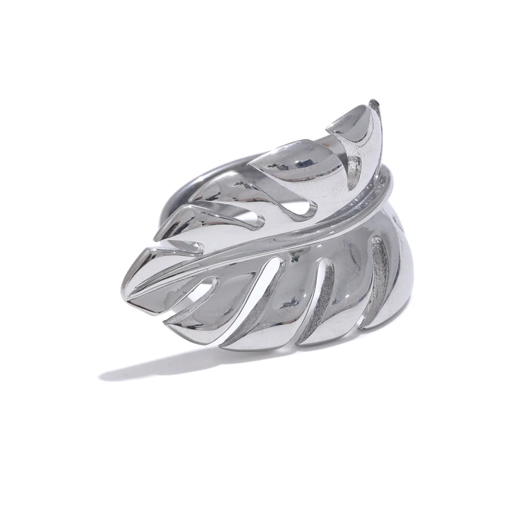 Luxe Jewels Stylish Stainless Steel Metal Leaf Open Ring - 18K Gold Plated Jewelry
