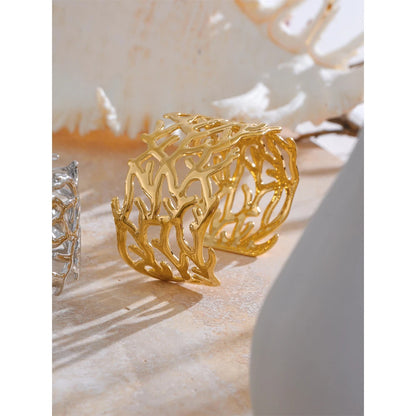 Twig Hollow Wide Cuff – Gold Plated Stainless Steel Statement Bracelet
