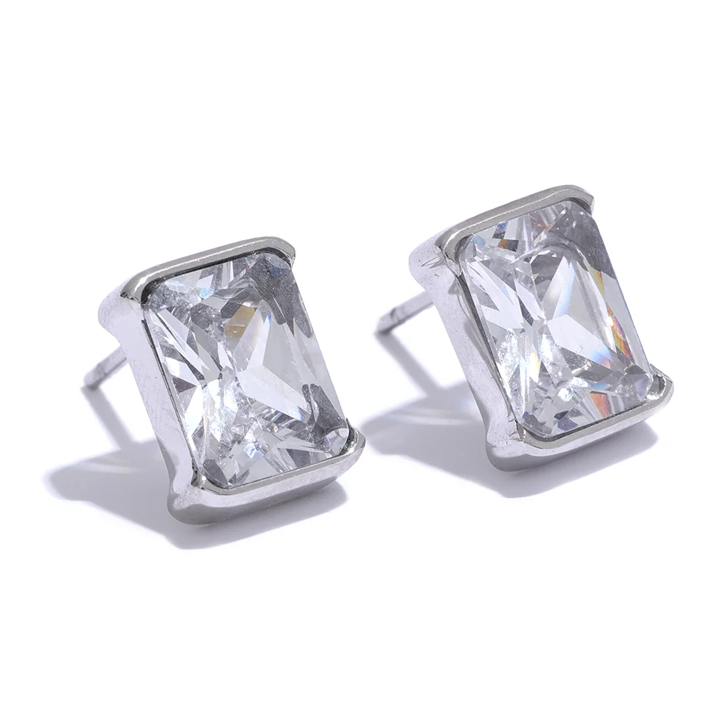 Cubic Zirconia Stainless Steel Square Stud Earrings 18K PVD Plated Trendy Daily Jewelry for Women
