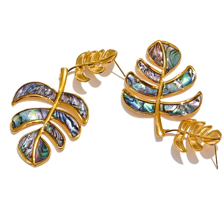 Stainless Steel Big Leaves Drop Dangle Earrings 18k PVD Plated Fashion Summer Jewelry