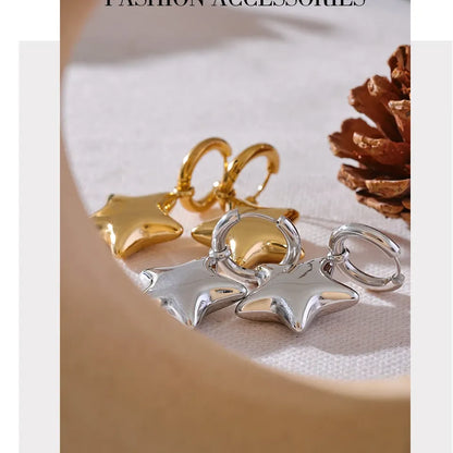 Fashion Stainless Steel Star Thick Drop Hoop Earrings Women - 18K Gold Plated Jewelry