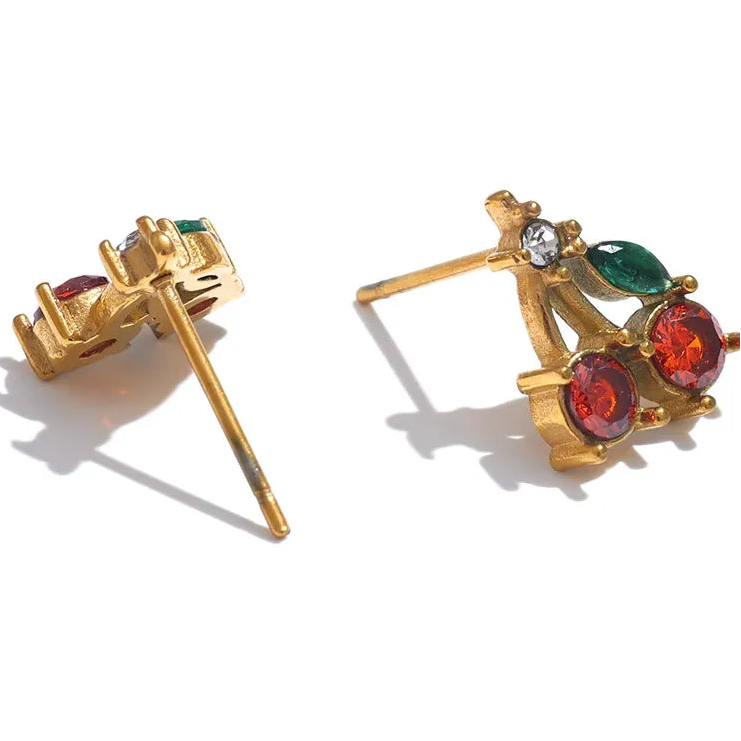 Red Cubic Zirconia Cherry Fruit Stud Earrings for Women Stainless Steel Waterproof Jewelry