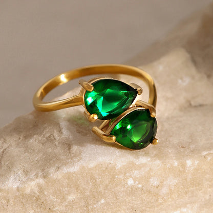 Luxe Jewels Elegant Green Double Teardrop Zirconia Ring – 18K Gold Plated Stainless Steel