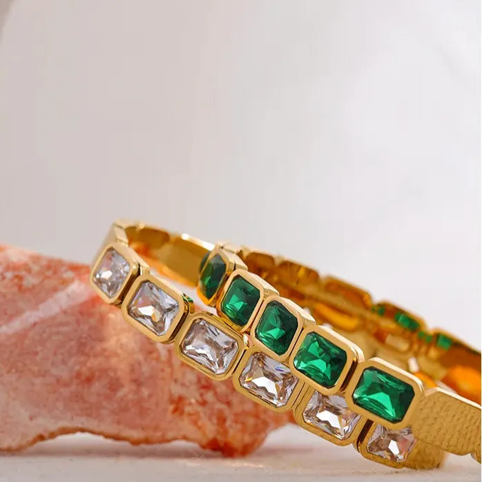 Green & White CZ Cuff Bracelet – 18K Gold Plated Waterproof Stainless Steel Jewellery