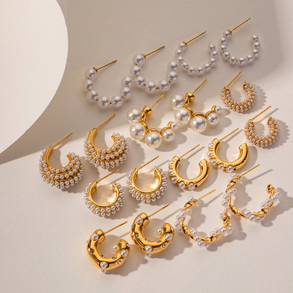 Uworld Exquisite Luxury Stainless Steel  Pearls Beads Hoop Huggie Earrings Romantic Elegant Fashion Charm Trendy Chic Jewelry