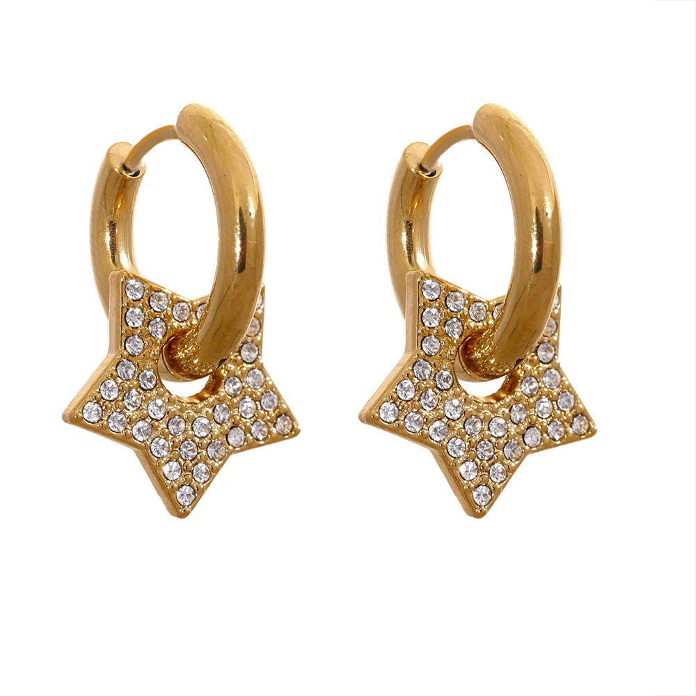 Star Drop Stainless Steel Cubic Zirconia Hoop Earrings for Women 18K PVD Plated Texture Jewelry