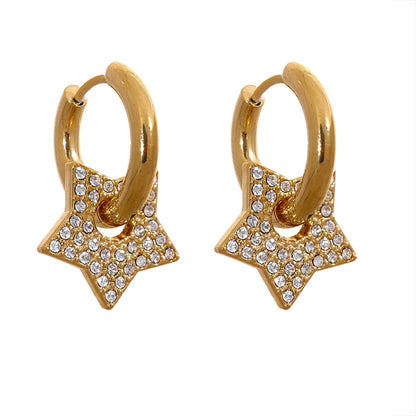 Star Drop Stainless Steel Cubic Zirconia Hoop Earrings for Women 18K PVD Plated Texture Jewelry