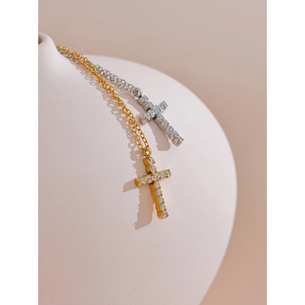 Cubic Zirconia Cross Pendant – 316L Gold Stainless Steel Necklace