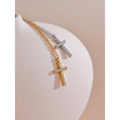 Cubic Zirconia Cross Pendant – 316L Gold Stainless Steel Necklace