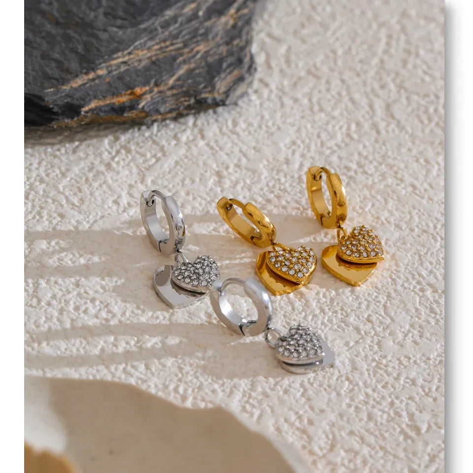 18K Gold Plated Stainless Steel Double Heart Cubic Zircon Drop Hoop Earrings for Women Hypoallergenic High Quality Jewelry