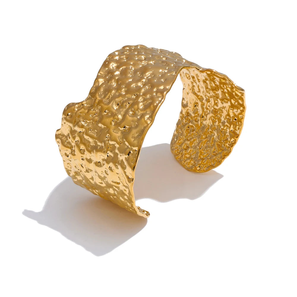 Hammered Wide Open Cuff – 18K Gold Stainless Steel Bracelet