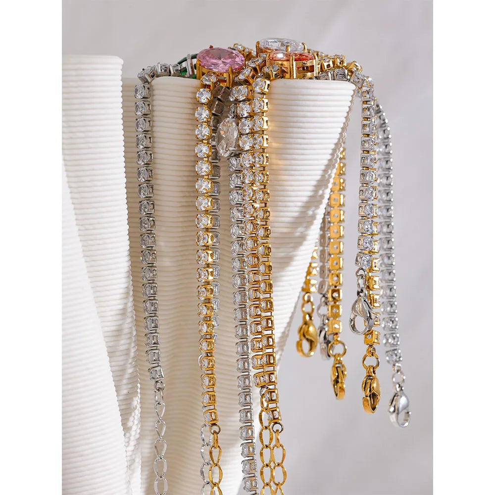 Luxury Tennis Zirconia Bracelet – Gold Plated Stainless Steel, Waterproof