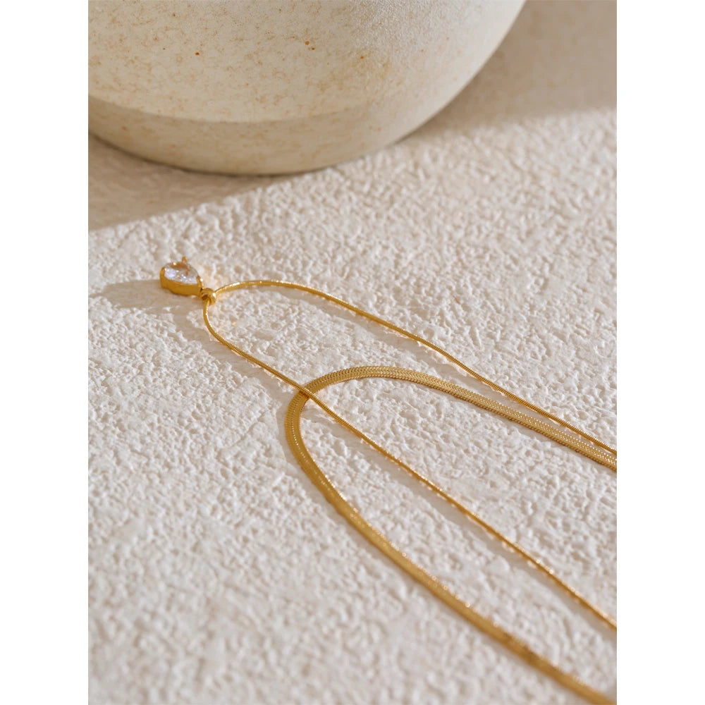 Double Layer Water Drop Pendant 18K Gold Plated Necklace