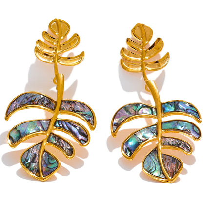 Stainless Steel Big Leaves Drop Dangle Earrings 18k PVD Plated Fashion Summer Jewelry