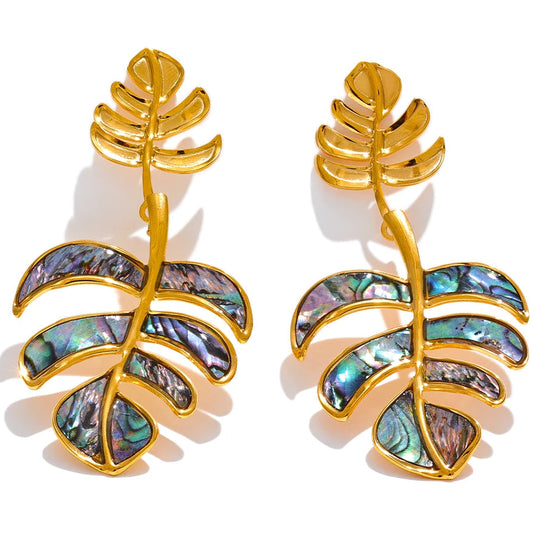 Stainless Steel Big Leaves Drop Dangle Earrings 18k PVD Plated Fashion Summer Jewelry