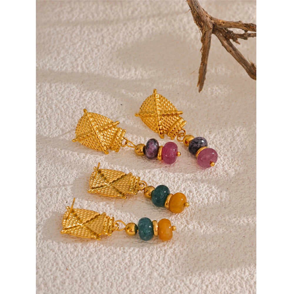 Handmade Waterproof Golden Drop Earrings – Natural Stone Design