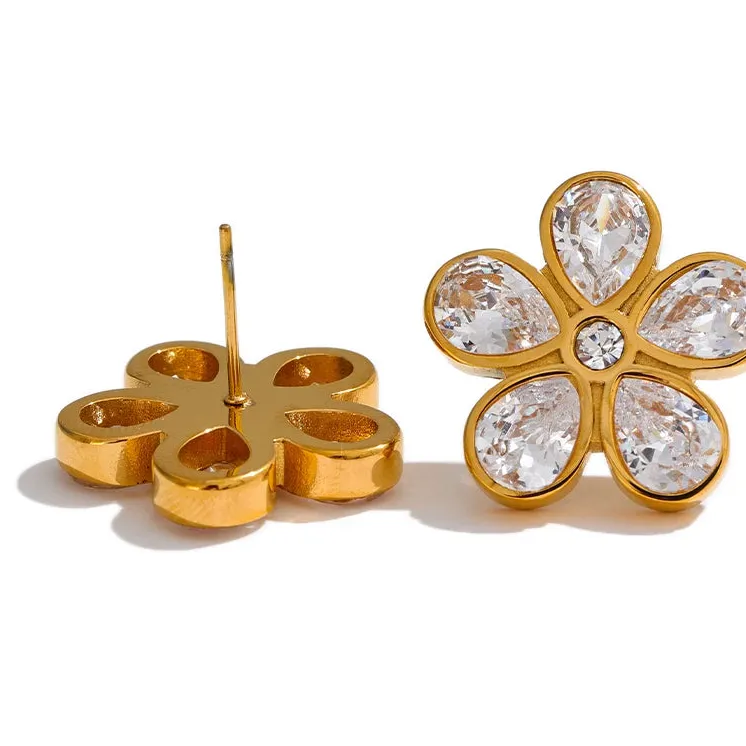Cubic Zirconia Flower Golden Stud Earrings for Women - 316L Stainless Steel Waterproof Jewellery